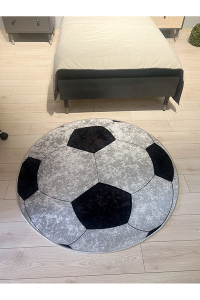 Football Pattern Washable Round Kids & Youth Rug - Gray