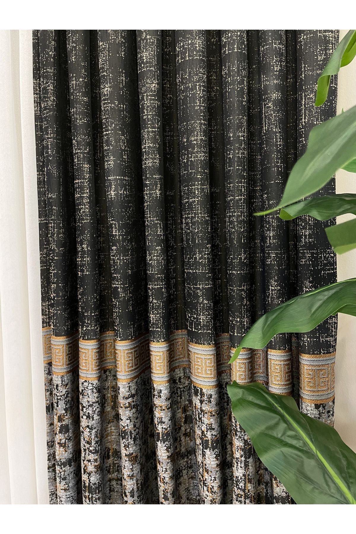 Gray Anthracite Bordered Pattern 1/3 Tight Pleat Jacquard Woven Blackout Curtain