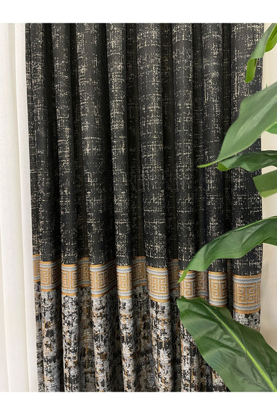 Gray Anthracite Bordered Pattern 1/3 Tight Pleat Jacquard Woven Blackout Curtain