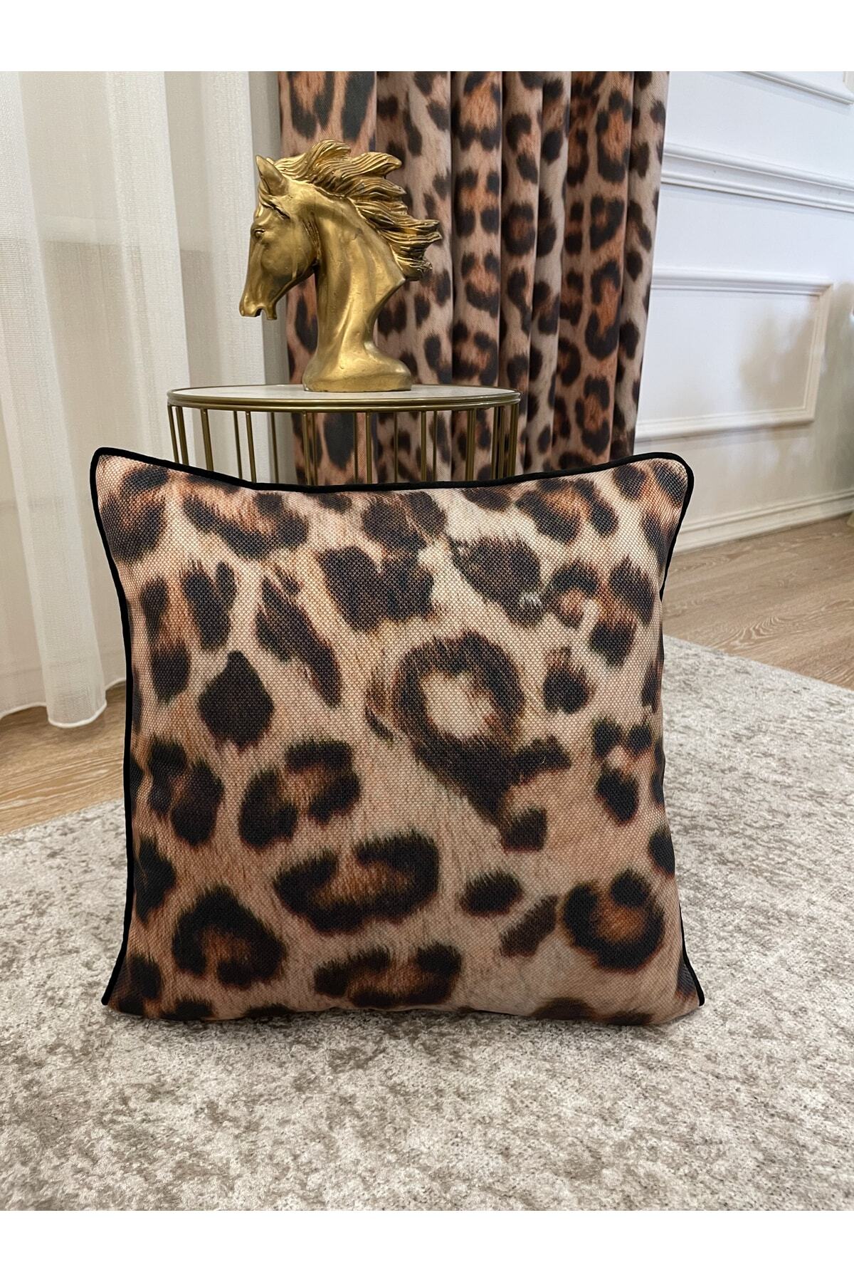 Leopard Pattern Linen-Look Piped Cushion Cover 45x45