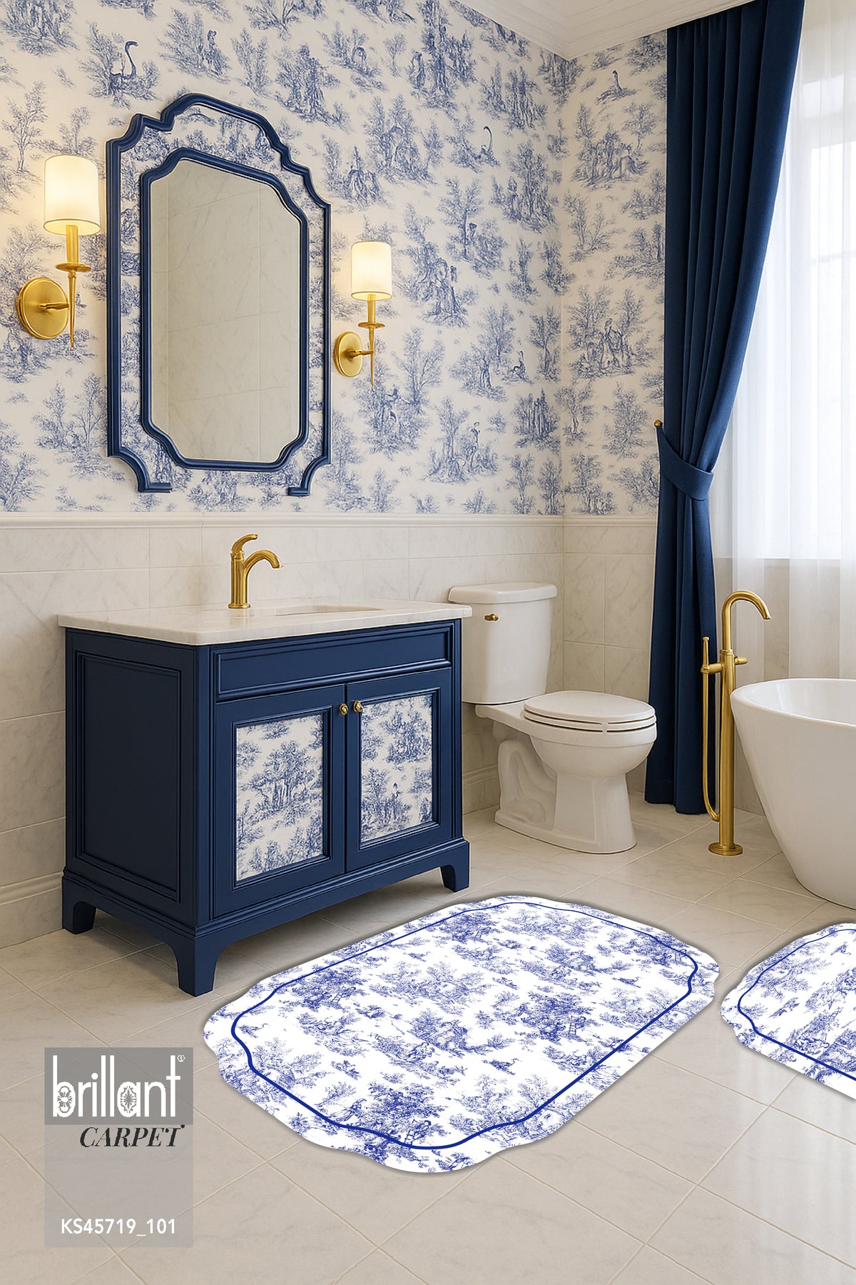 Toile de Jouy Themed Single Latex Base Bathroom Mat (80X120)