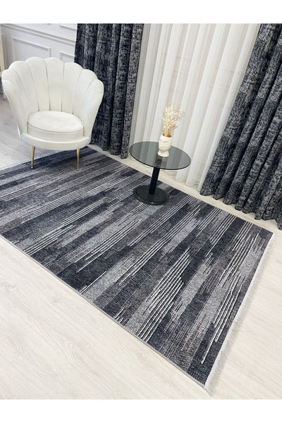 Modern Striped Patterned Fringed Latex Leather Base Rug
