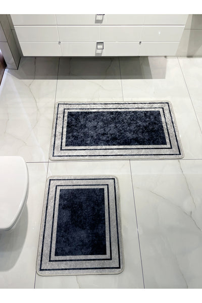 Striped Pattern 2-Piece Latex Leather-Backed Bathroom Mat Set (60X100 - 60X50) Navy Blue Gray
