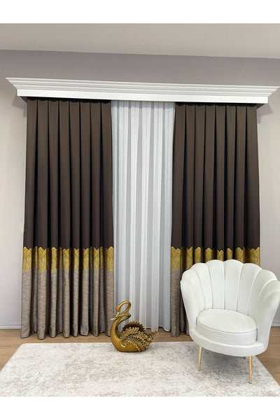 Brown Gold - Damask Patterned 1/3 Dense Pleated Blackout Curtain