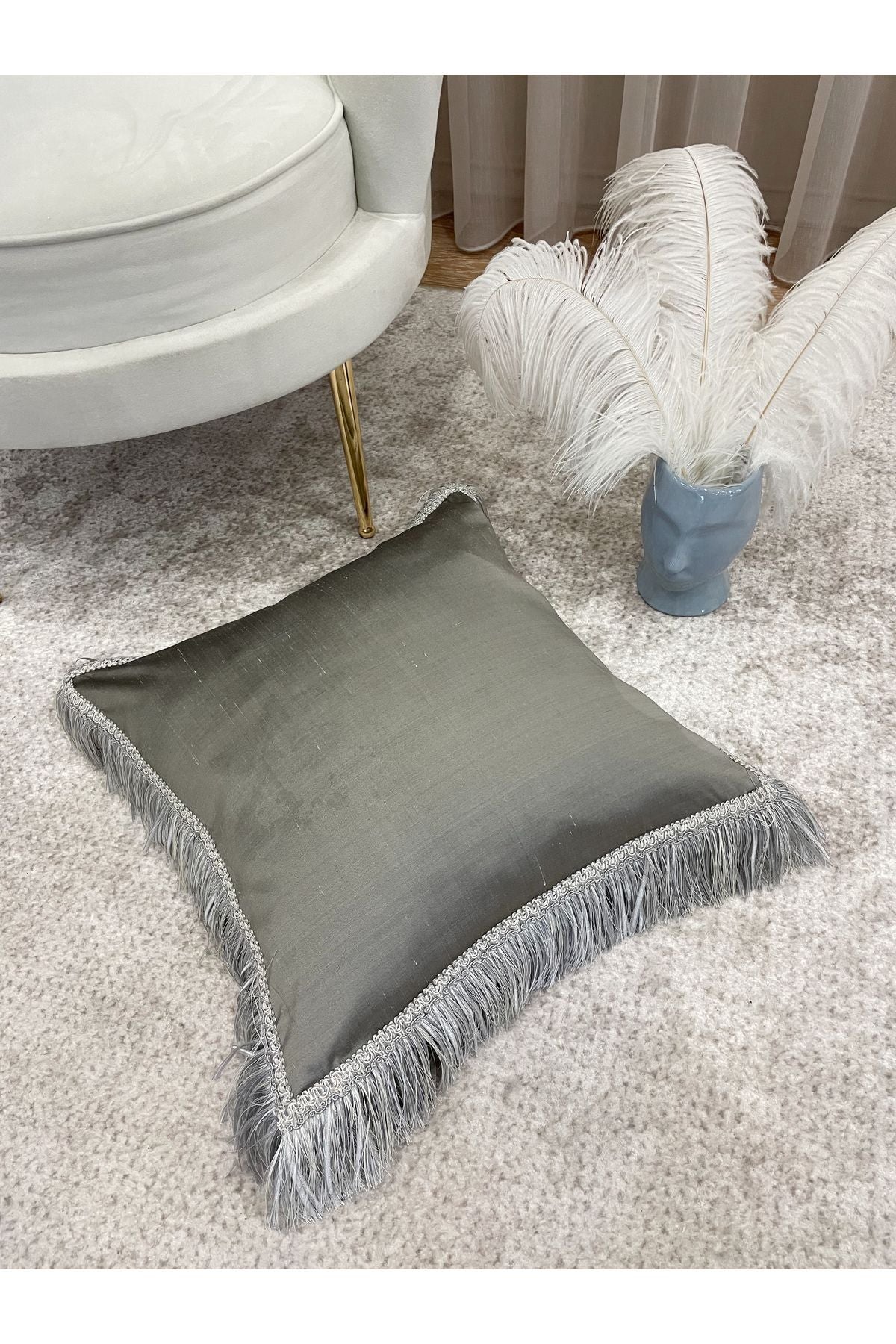 İthal Ipek (silk) Kırlent Yastık Kılıfı Kordonlu 45X45 GRİ
