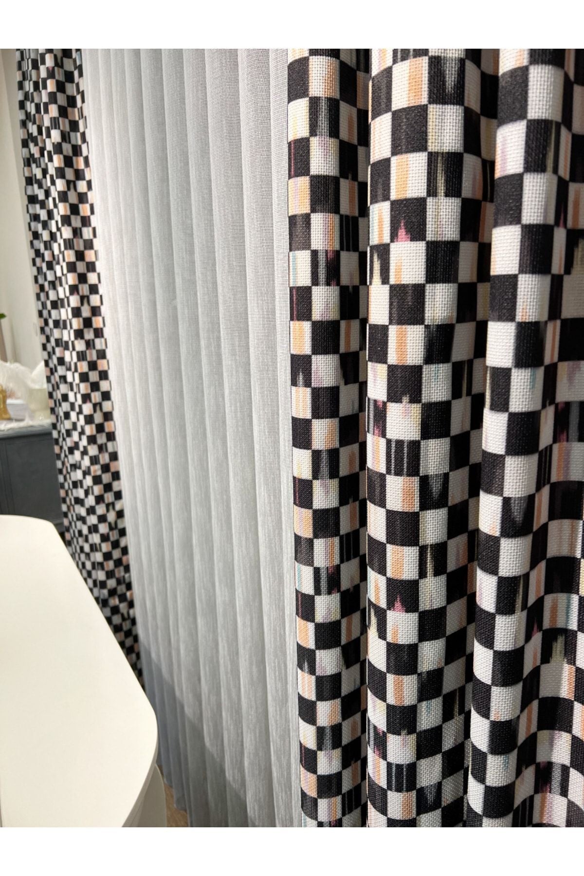 1/3 Dense Pleated Checkered Curtain Panel - Blue