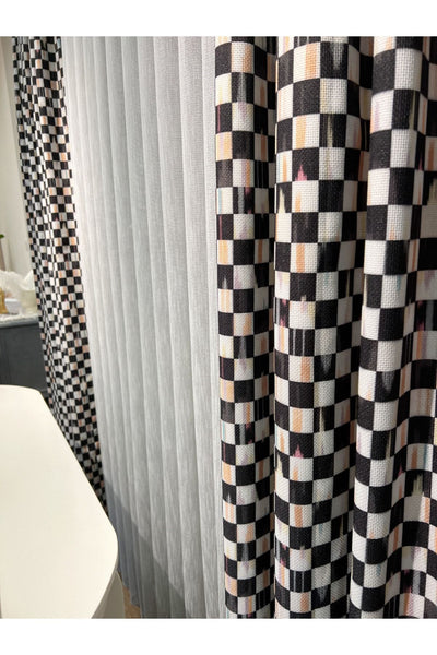 1/3 Dense Pleated Checkered Curtain Panel - Blue