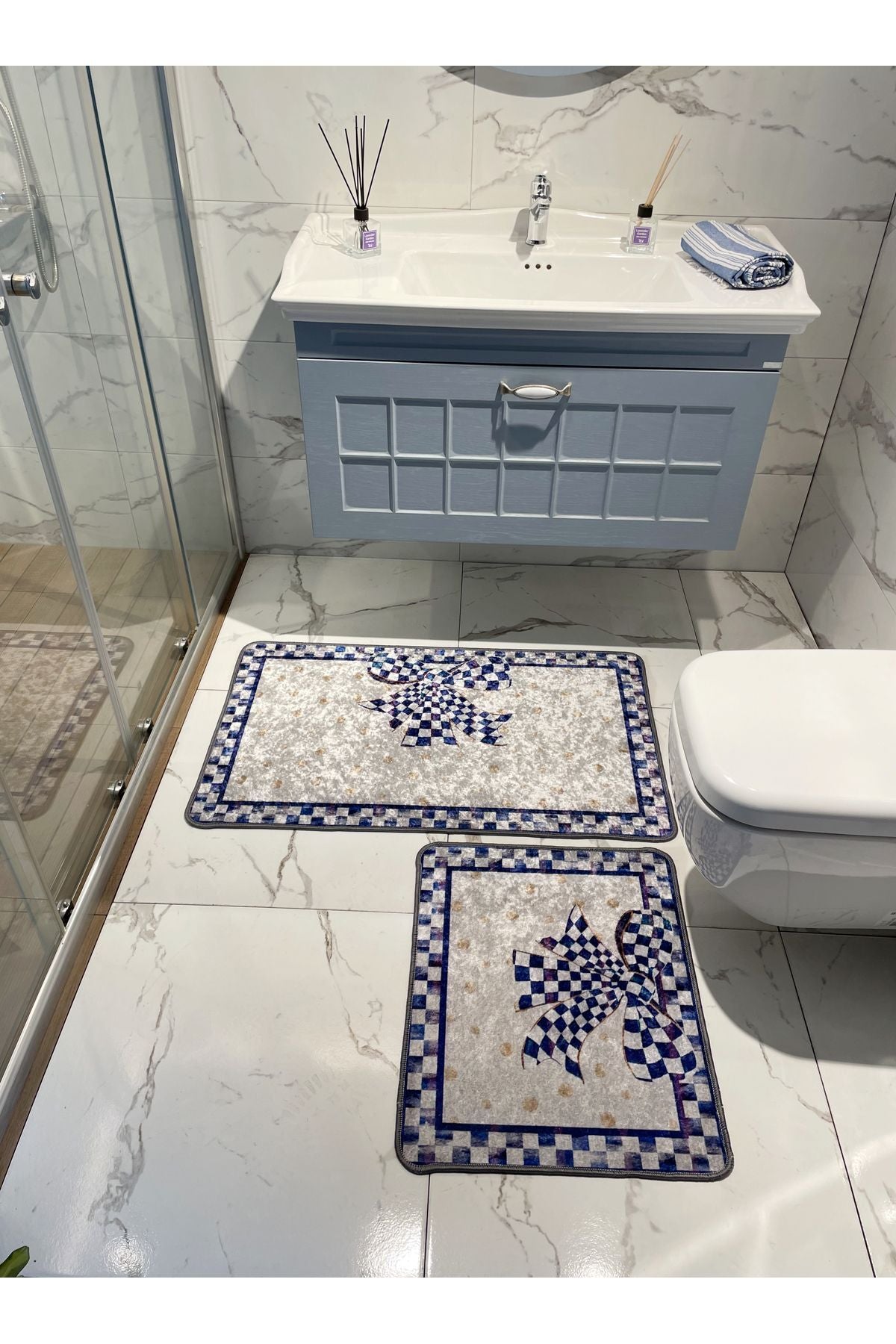 Damalı Kurdela Desenli Banyo Paspası 60X100 - 60X50 - BEJ-SİYAH