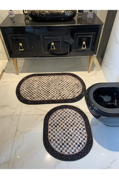 Minares Model Checkered Pattern 2-Piece Latex Base Bathroom Mat Set (60x100 - 60x50) Black-Brown