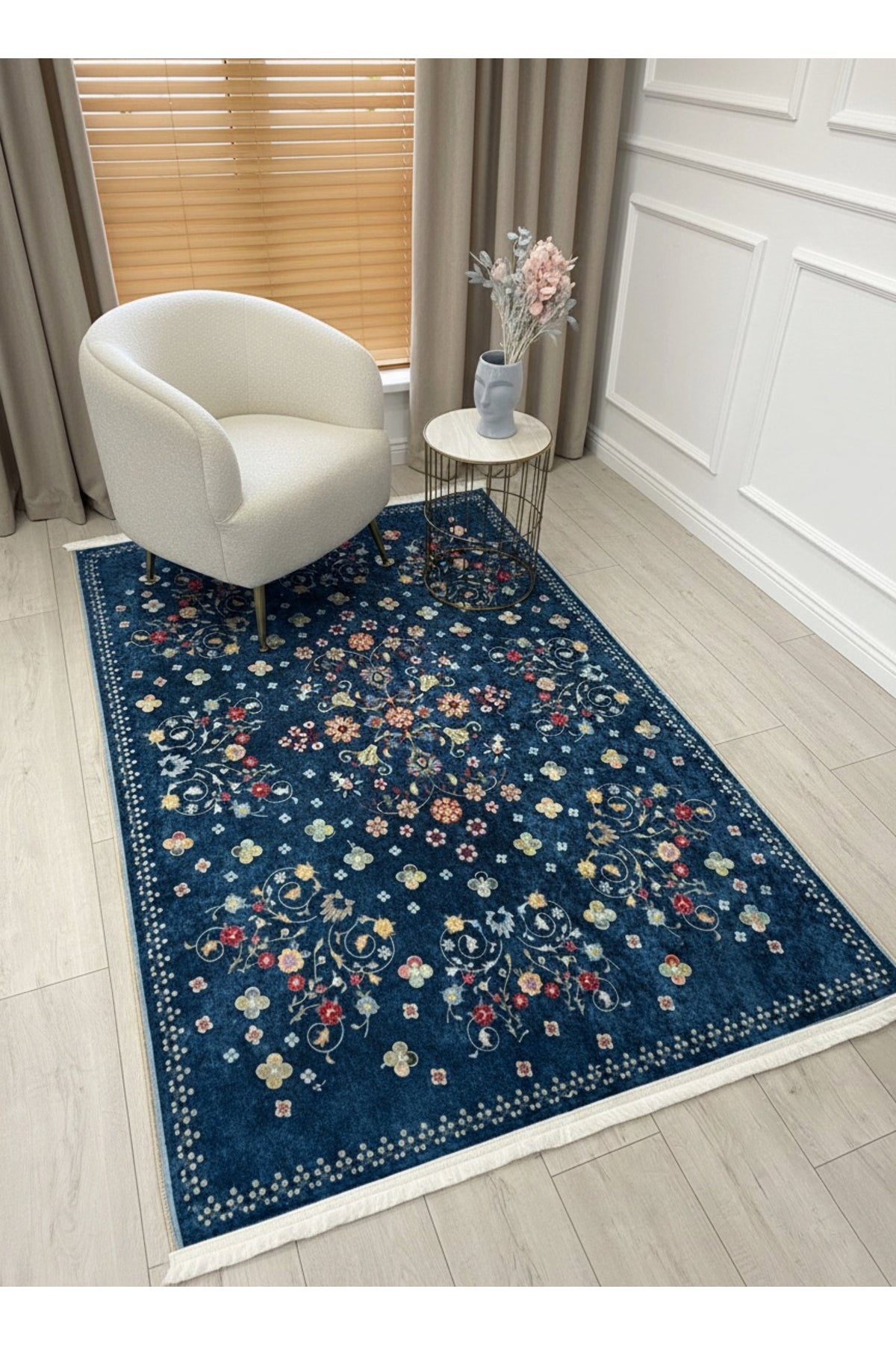 BEIGE Floral Patterned Vintage Latex Base Rug