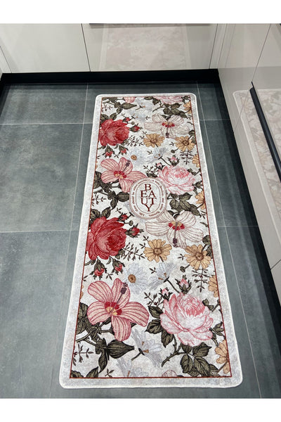 Çiçek Desenli Lateks Deri Taban Kitchen Mutfak Halısı GRİ