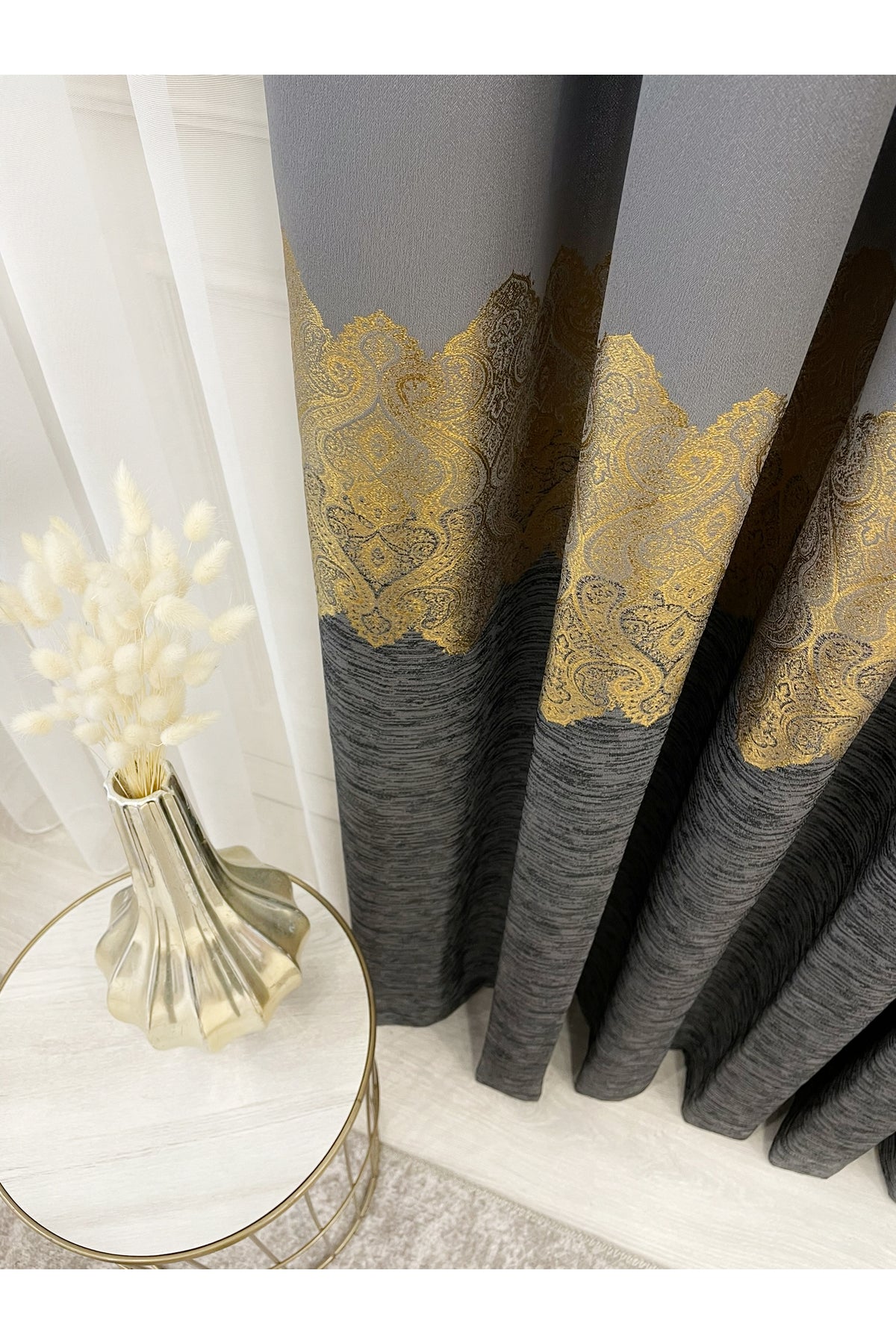 Brown Gold - Damask Patterned 1/3 Dense Pleated Blackout Curtain
