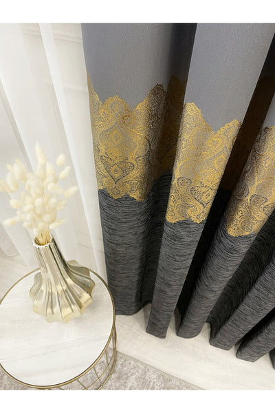 Brown Gold - Damask Patterned 1/3 Dense Pleated Blackout Curtain