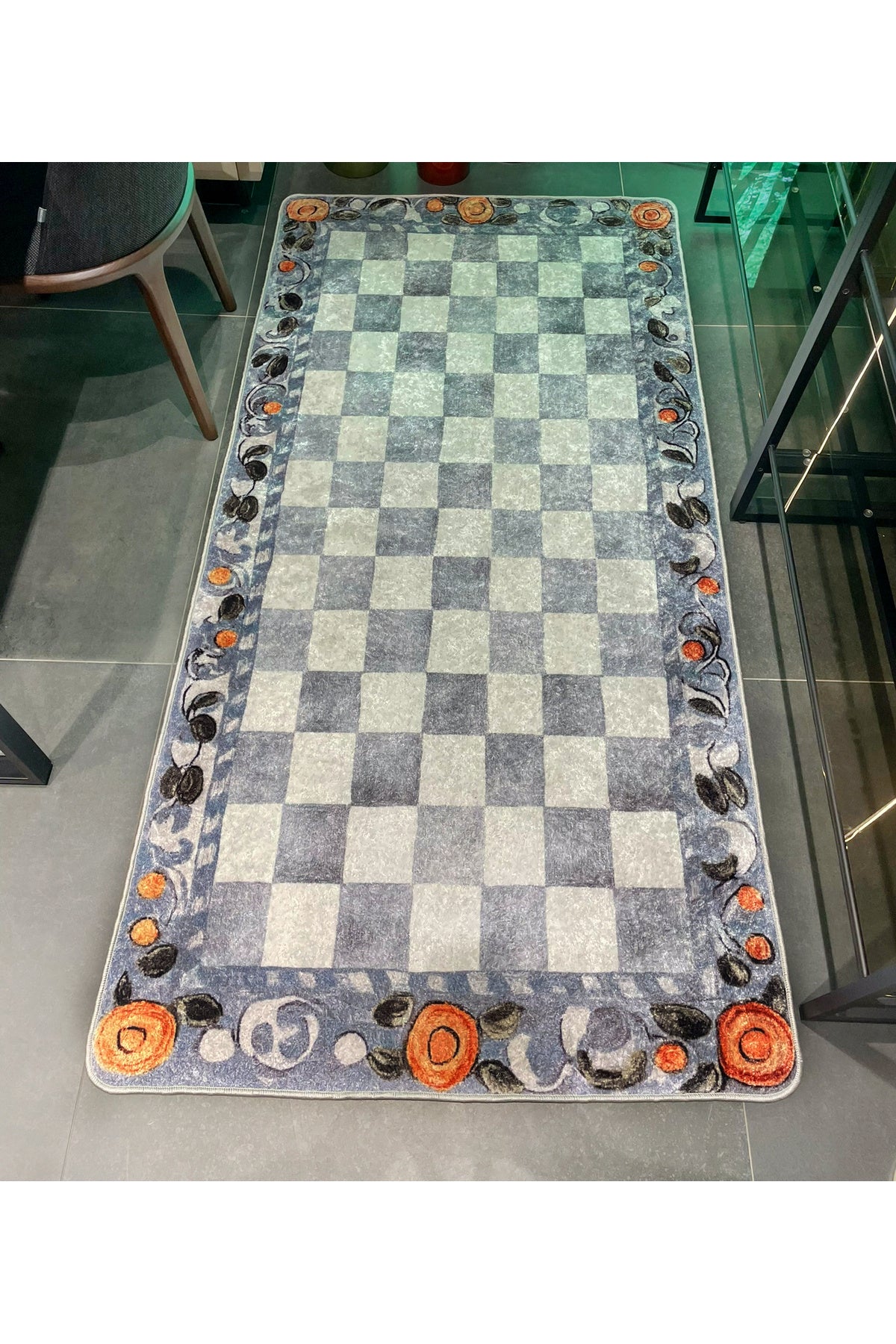 Beige Orange Checkered Pattern Non-Slip Base Kitchen Rug