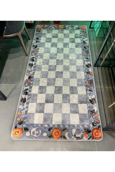 Beige Orange Checkered Pattern Non-Slip Base Kitchen Rug