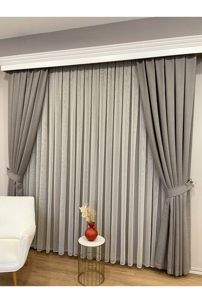BEIGE-GRAY Modern Textured Knit 1/3 Dense Pleat Sheer Curtain