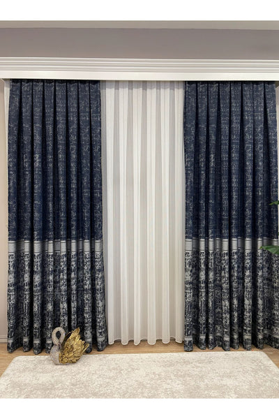 Gray Anthracite Bordered Pattern 1/3 Tight Pleat Jacquard Woven Blackout Curtain