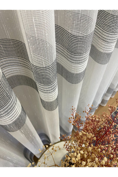 Modern Shantung 3-Row Banded 1/2.5 Pleat - Ecru/Gray Sheer Curtain