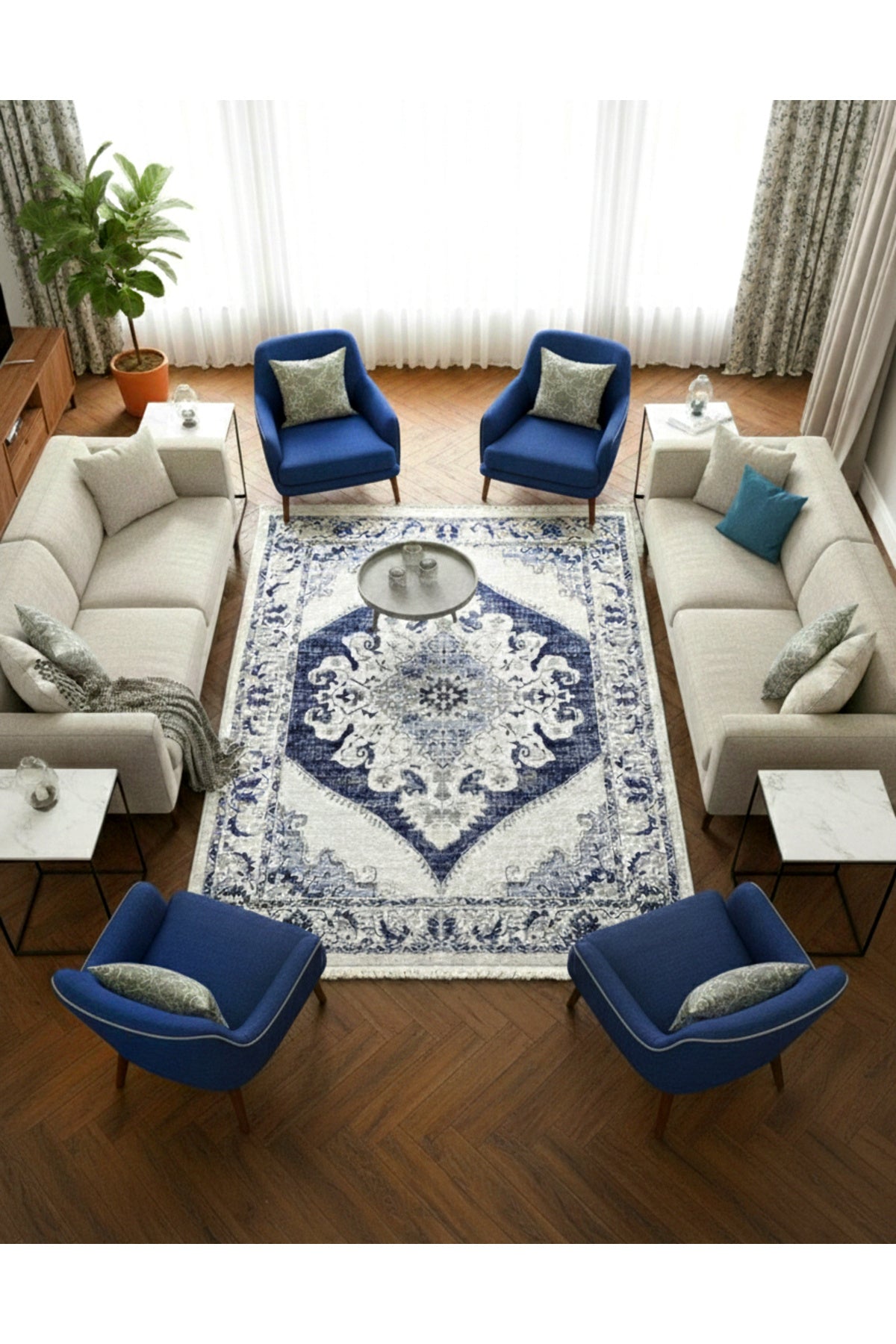Gokbekli Damask Pattern Latex Base Living Room Rug
