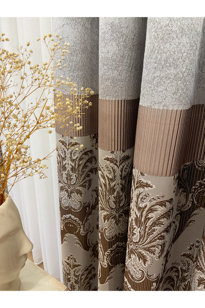 Gray Brown Damask Pattern Jacquard 1/3 Tight Pleat Jacquard Blackout Curtain