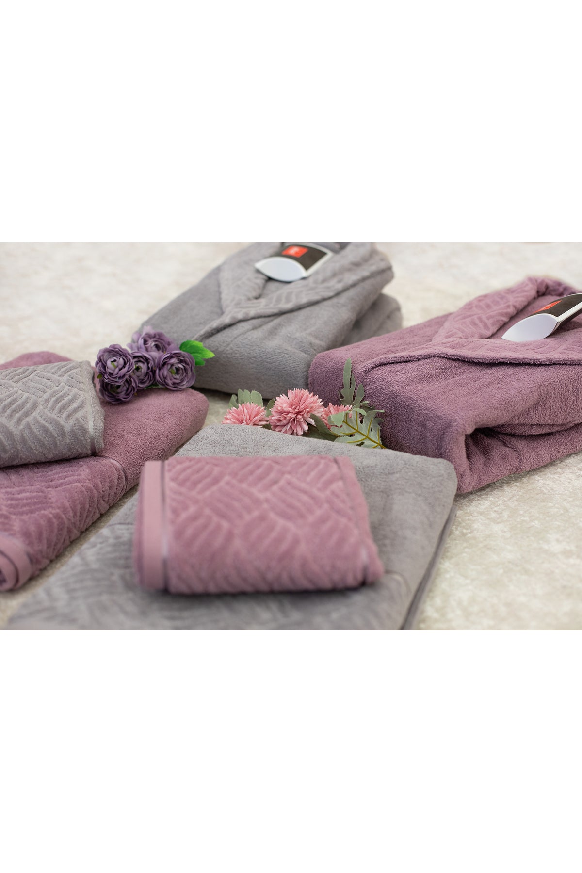 6-Piece Gray - Salmon Family Bathrobe Set