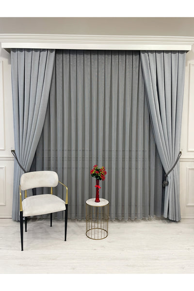 BEIGE-GRAY Modern Textured Knit 1/3 Dense Pleat Sheer Curtain