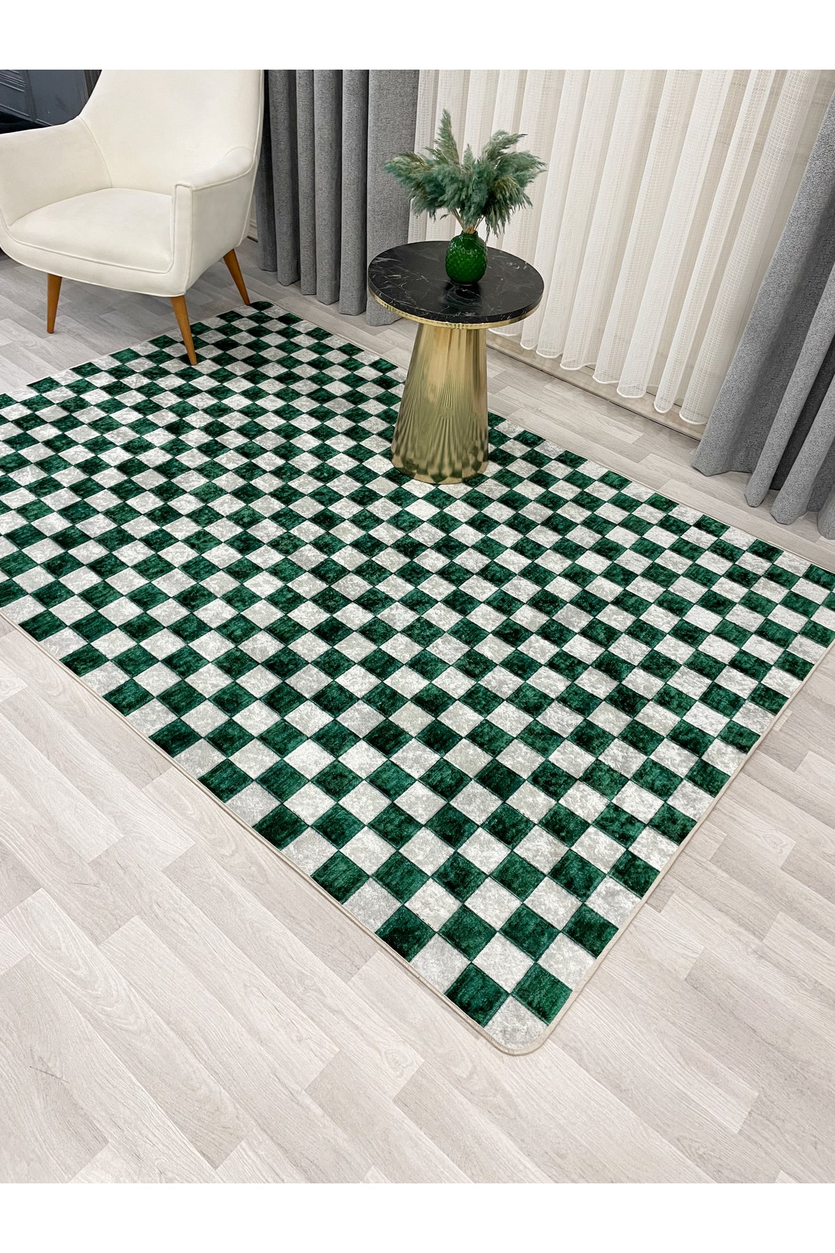 Beige Green Checkered Non-Slip Base Rug