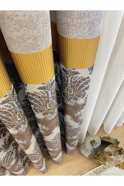 Gray Brown Damask Pattern Jacquard 1/3 Tight Pleat Jacquard Blackout Curtain