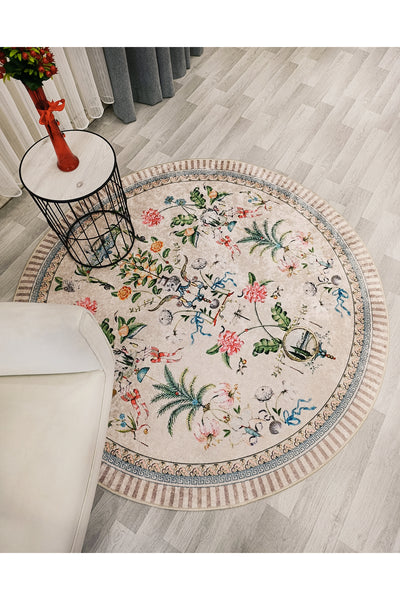 Beige Floral Bird Patterned Latex Leather Base Round Rug