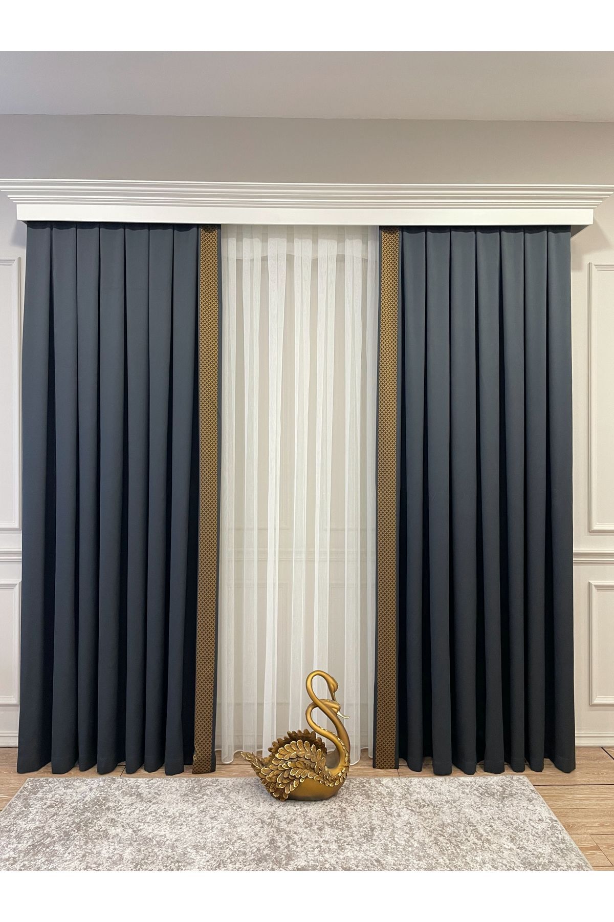 Panel Pattern Jacquard 1/3 Dense Pleat Blackout Curtain - Anthracite Gray - Gold Border