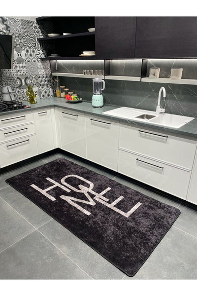 Home Yazılı Düz Mutfak Halısı - SİYAH