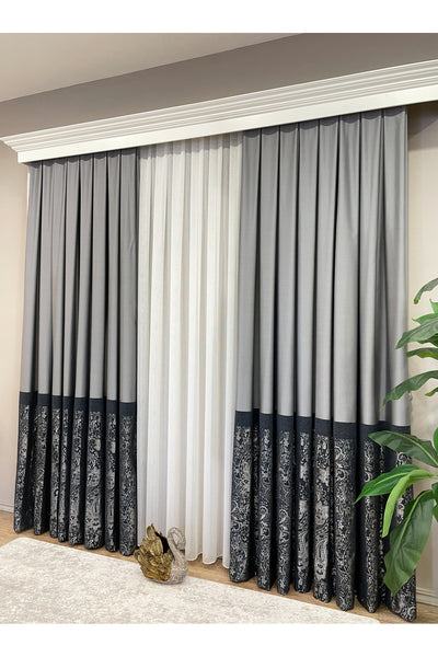 Gray Shawl Pattern 1/3 TIGHT PLEAT Jacquard Woven Blackout Curtain