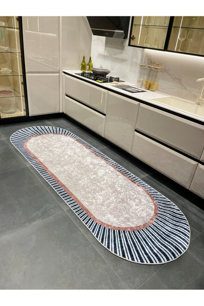 BEIGE-NAVY Striped Oval Non-Slip Base Rug
