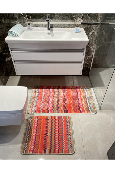 Zigzag Patterned 2-Piece Leather Base Bathroom Mat Set (60x100 - 60x50)