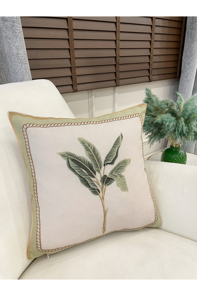Beige Green Leaf Pattern Woven Fabric Throw Pillow Cover 45x45