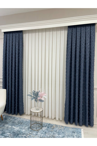 Indigo Blue Pompom Puffy Blackout Curtain 1/3 Dense Pleat