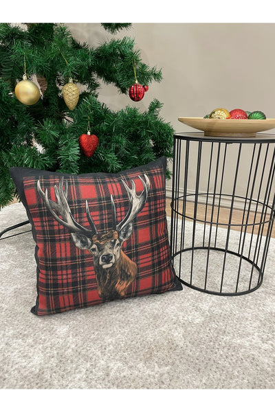 Christmas Reindeer Print Linen-Look Plaid Cushion Cover