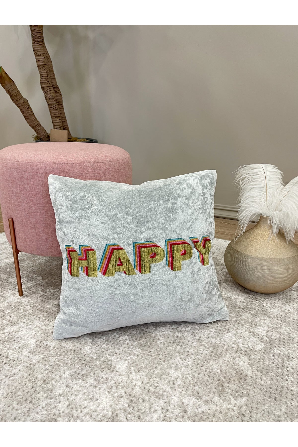 %100 Velvet "Happy" Text Print Cushion Cover (Gray)