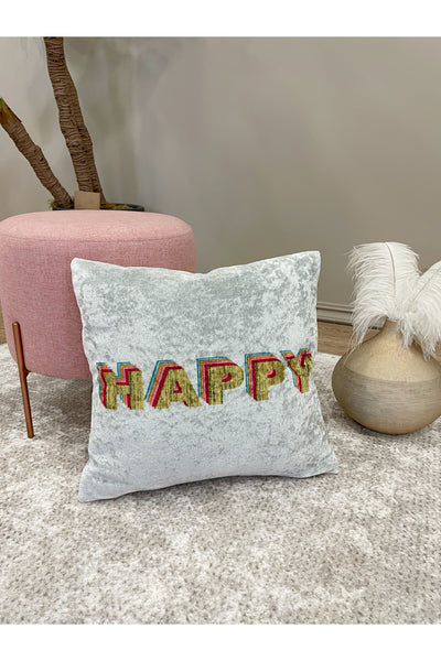 %100 Velvet "Happy" Text Print Cushion Cover (Gray)