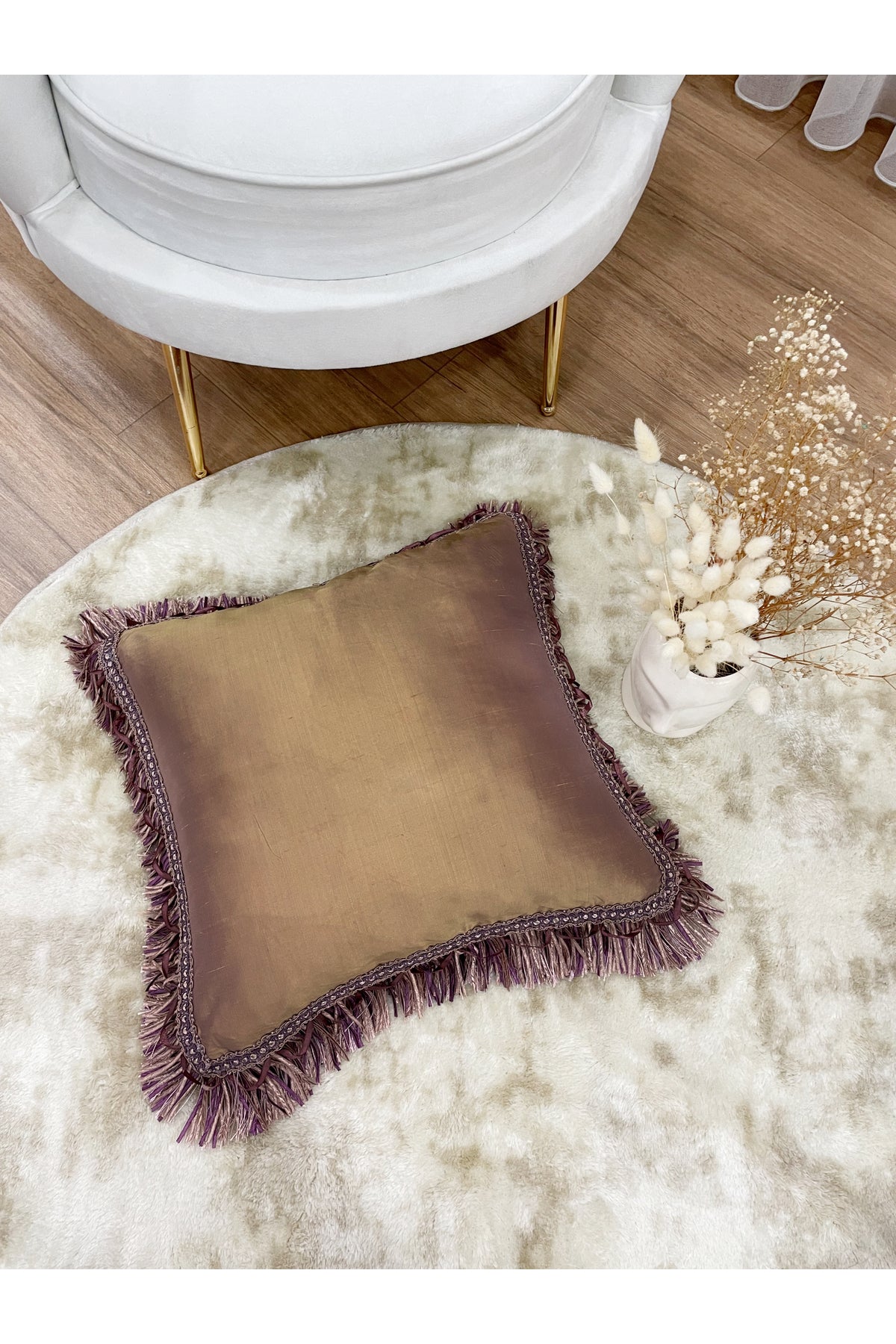 İthal Ipek (silk) Kırlent Yastık Kılıfı Kordonlu 45X45 KAHVERENGİ - MOR