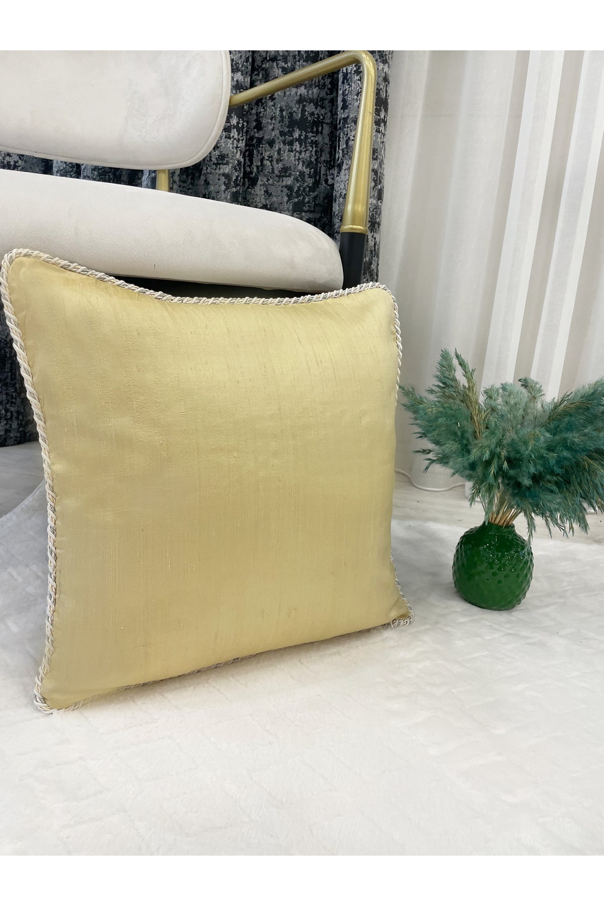 Imported Silk Cushion Pillow Cover with Cord (45x45) (Pastel Yellow) Pink Cord