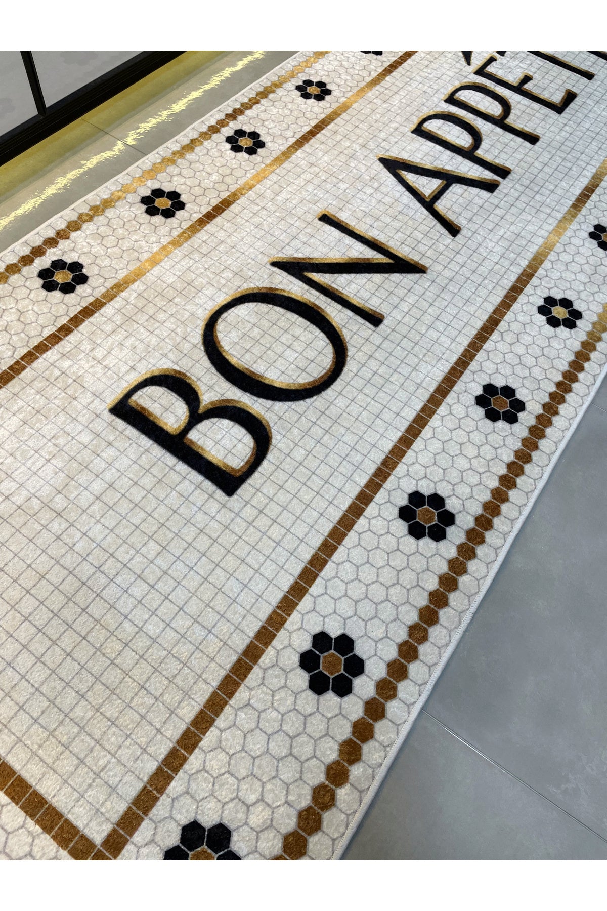 Bon Appetit Honeycomb Ecru Kitchen Runner Rug