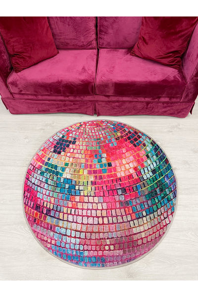 Pink Disco Ball Shaped Round Latex Base Rug