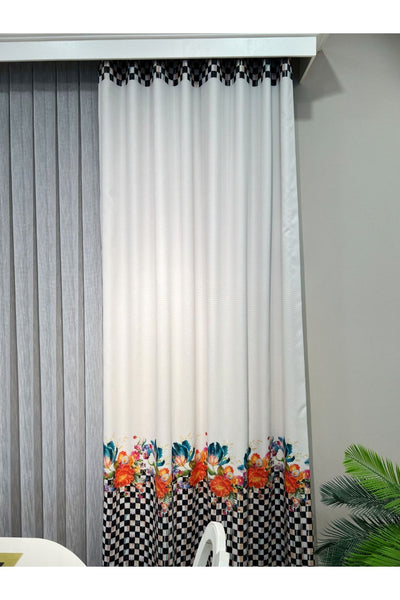 No-Pleat Extra-Reinforced Checkered Floral Blackout Curtain - Beige-Black