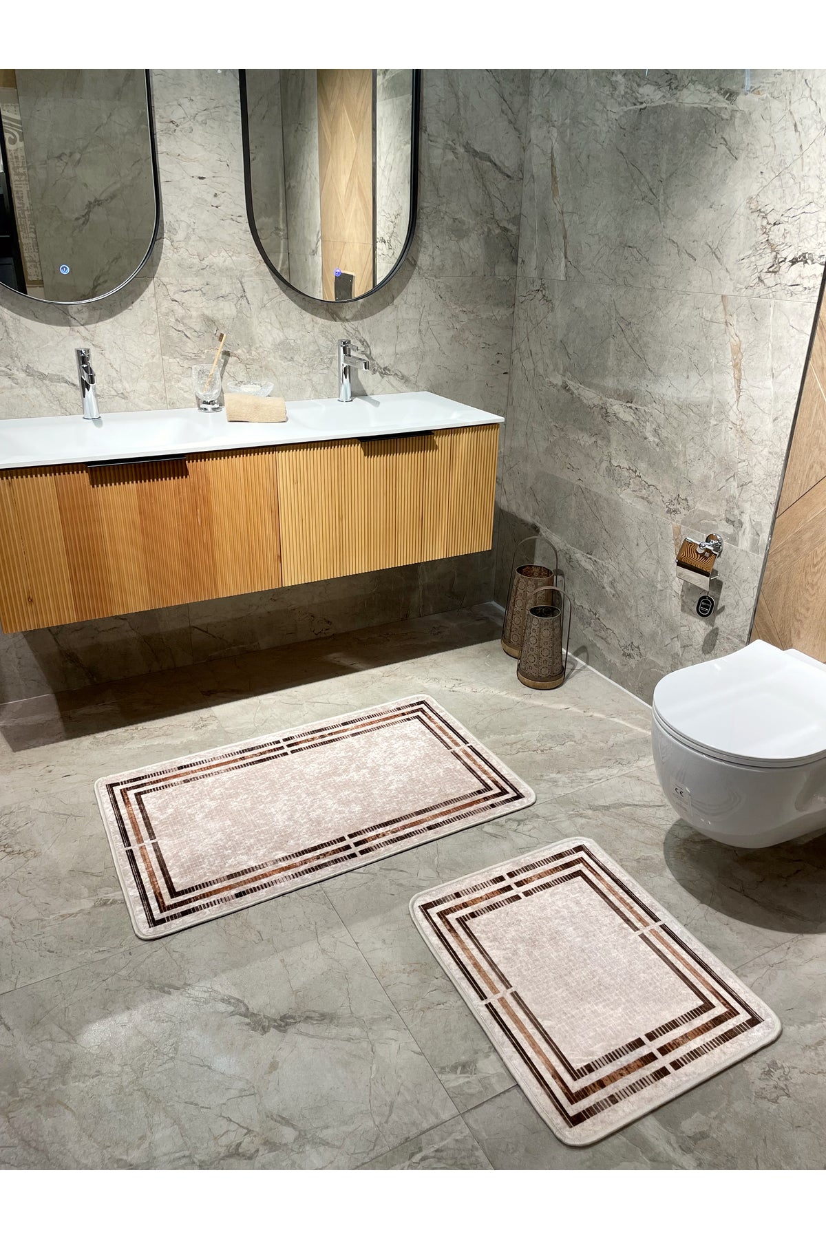 Beige Striped 2-Piece Leather Base Bathroom Mat Set (60x100 - 60x50)