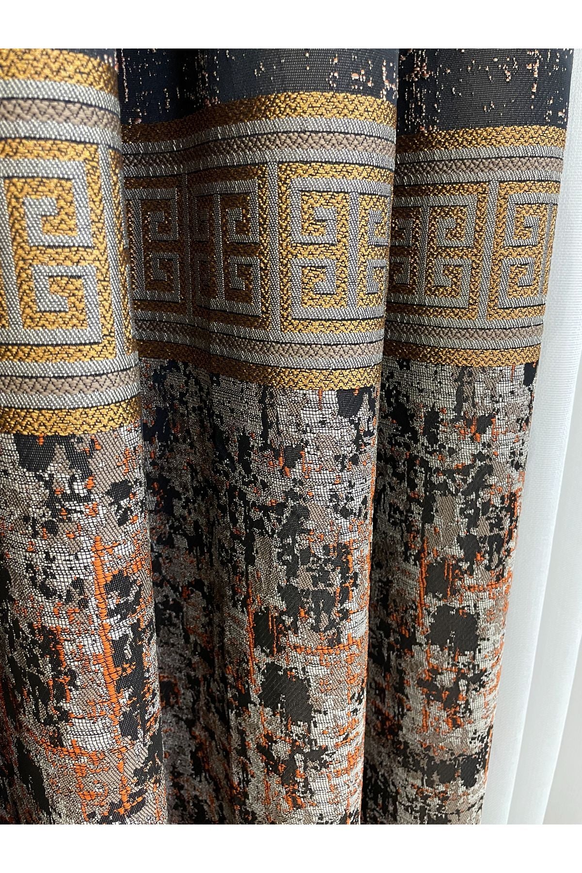 Gray Anthracite Bordered Pattern 1/3 Tight Pleat Jacquard Woven Blackout Curtain