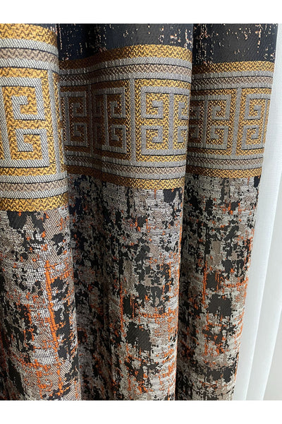 Gray Anthracite Bordered Pattern 1/3 Tight Pleat Jacquard Woven Blackout Curtain