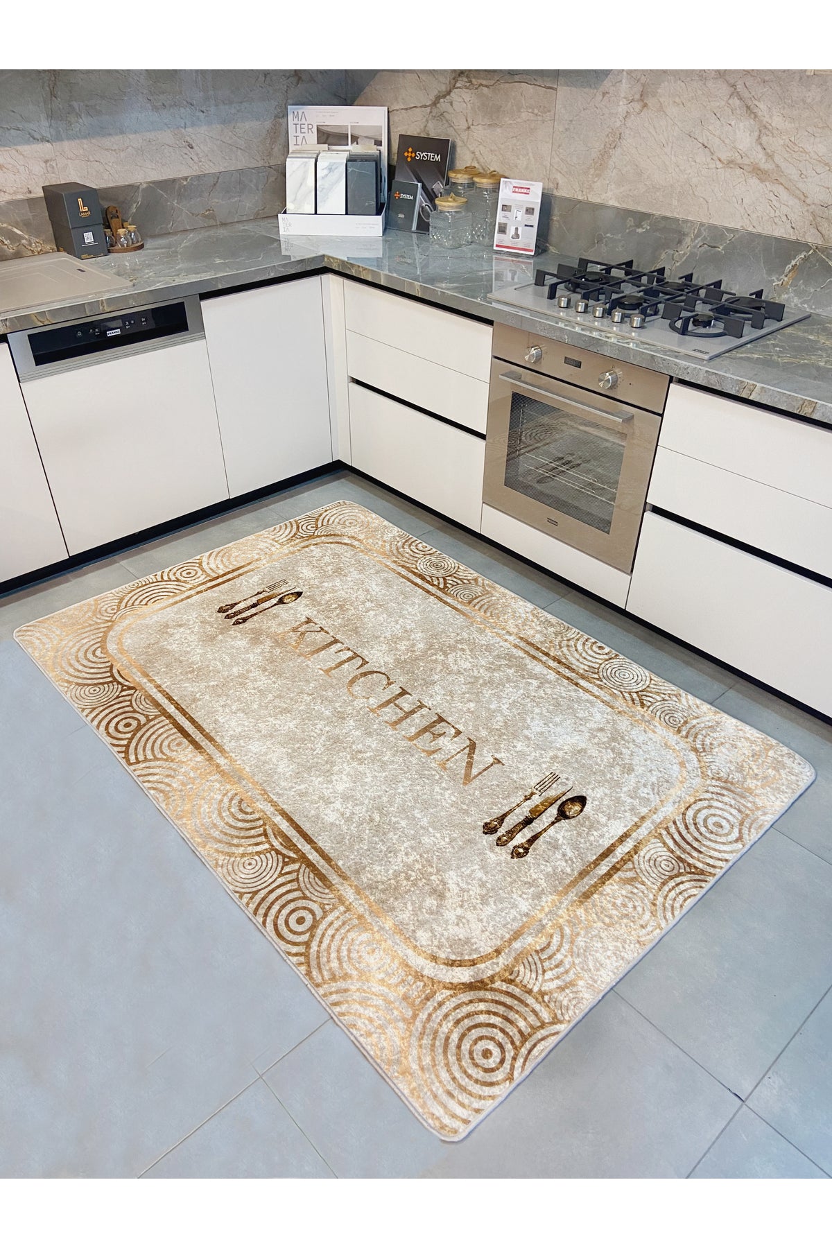 Beige Kitchen Script with Gold Detail Latex Base Rug