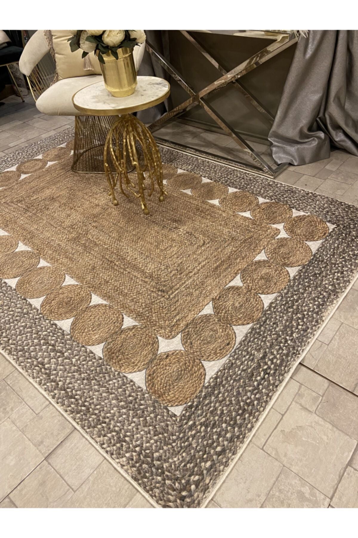 Jute Sisal Look 3D Colorful Latex Leather Base Waterproof Stain-Resistant Rug