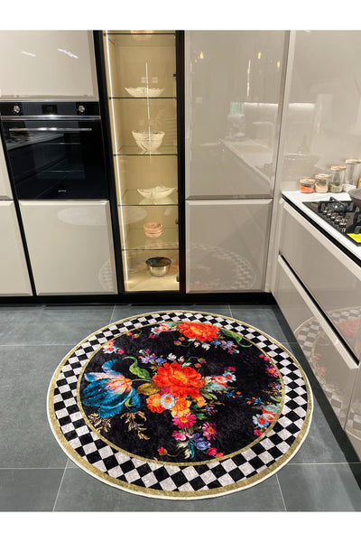 Gray Floral Checkered Round Latex Base Fringeless Rug